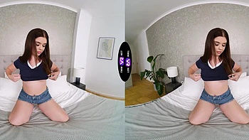 Blonde Brill Angel masturbates her pussy in a virtual reality scene