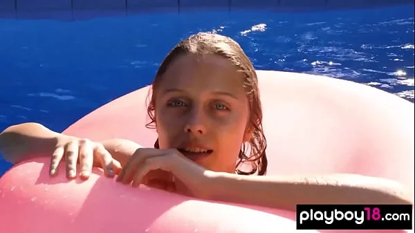 Nude tiny titted ukrainian blondie Clarice Elvira swimming in the pool