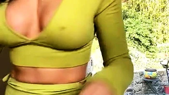 Busty curly brunette with big boobs fucks on couch