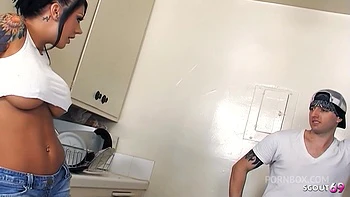 Inked Big Boobs tanned Bombshell Mason Moore seduce her Big Dick Co-Worker to Fuck at Break in kitchen