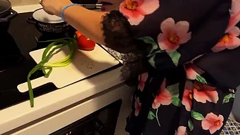 Grandma Lira Red gives a kitchen blowjob in her red panties - huge tits amateur homemade