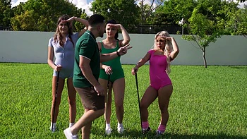 Four sexy girls, selina, luna, and serena, are having an intense outdoor group experience.