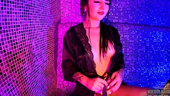 Bald pussy solo masturbation with Veronika Lei’s natural tits