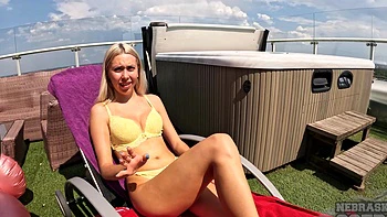 Hot blonde Rosalinda in sexy lingerie, oiling her small tits