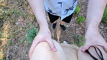 Latina with big ass fucks stranger outdoors using cock sleeve in forest doggystyle