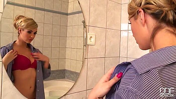 British Blonde Teases Herself in Lingerie Bath