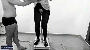 Shaking Legs In Black Pantyhose Standing Pole Bondage With None Stop Orgasms