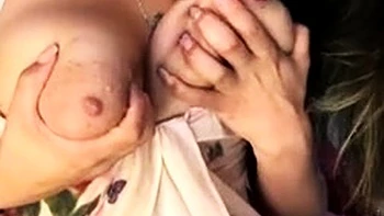 Busty curly brunette with big boobs fucks on couch
