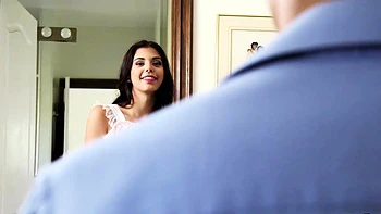 Small tit brunette gives a nice hard blowjob and fuck